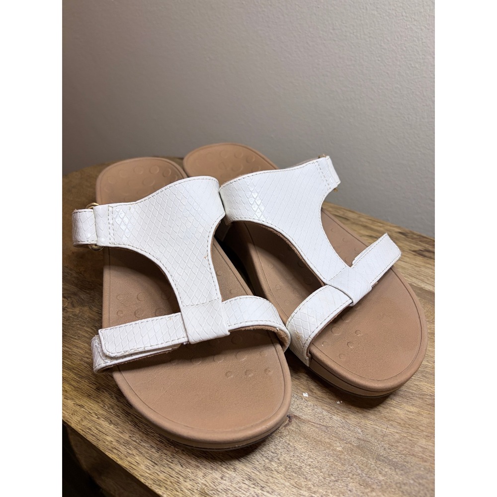 Vionic Ellie White Snake Embossed T-Strap Wedge Orthotic Sandals 7